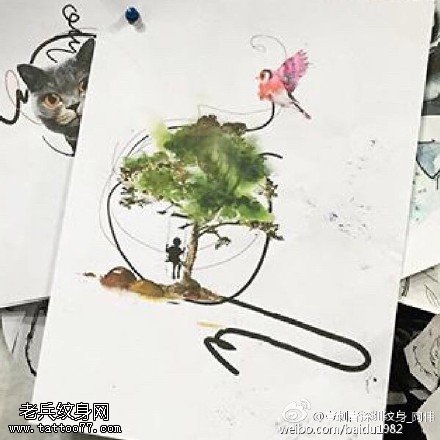 手稿水彩的树纹身图案