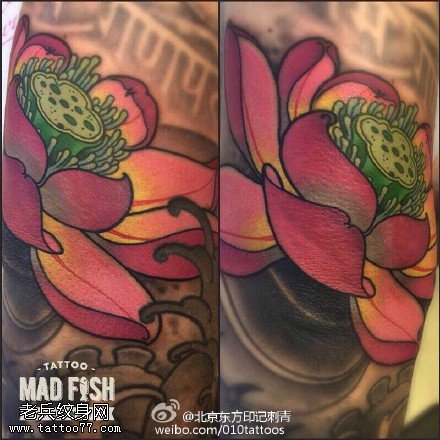 逼真彩绘的莲花纹身图案