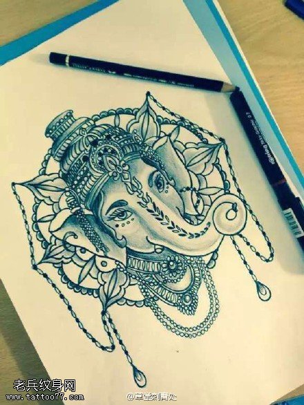 手稿素描象神纹身图案