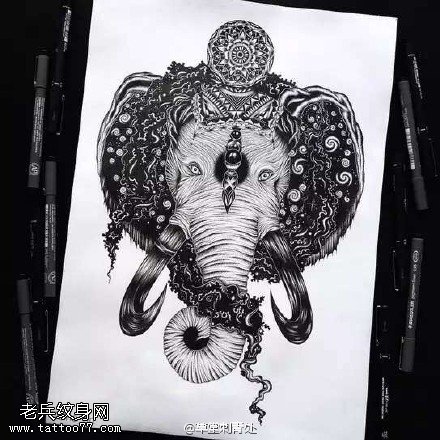 手稿的老象神纹身图案