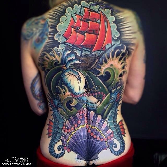 魔鬼手中的帆船纹身图案