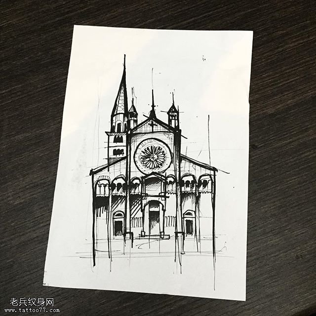手稿的城堡纹身图案