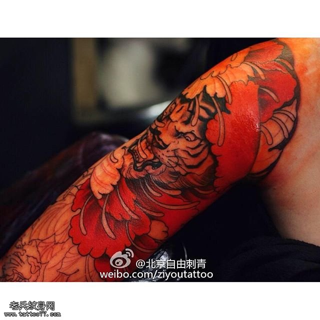 胳膊老虎牡丹纹身图案