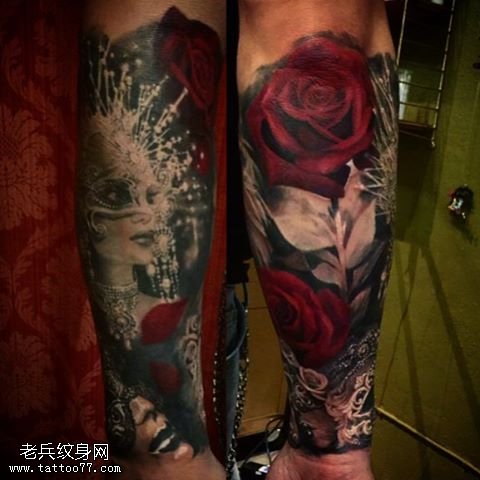 小腿精致的美女玫瑰纹身图案