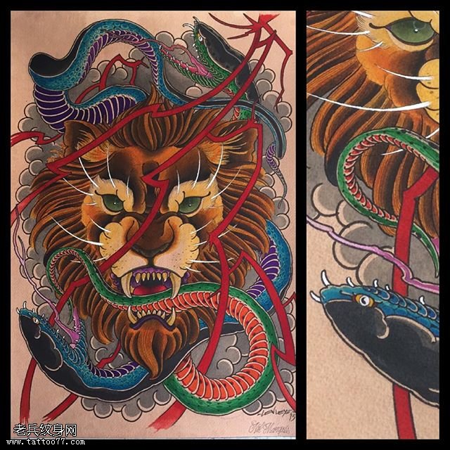 手稿狮子蛇纹身图案