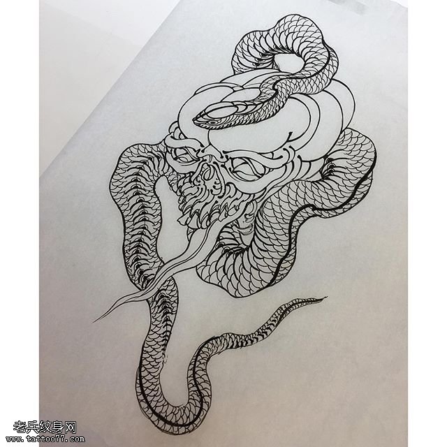 手稿素描骷髅蛇纹身图案