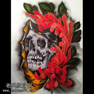 手稿的菊花骷髅纹身图案