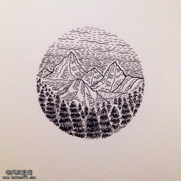 手稿点刺群山纹身图案
