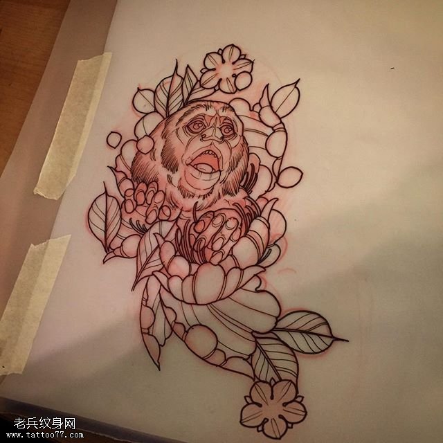 手稿点刺猩猩纹身图案