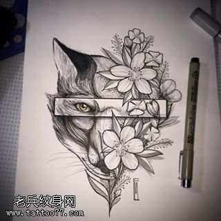 手稿花卉狐狸纹身图案