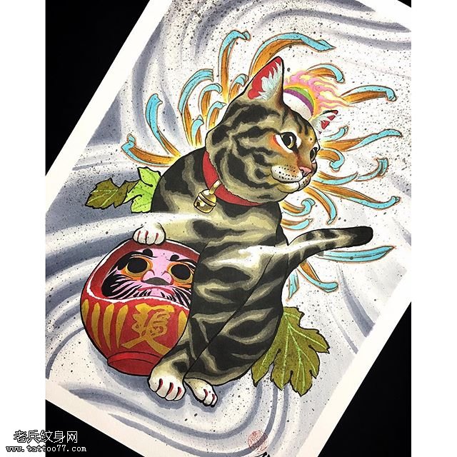 手稿猫咪达摩纹身图案