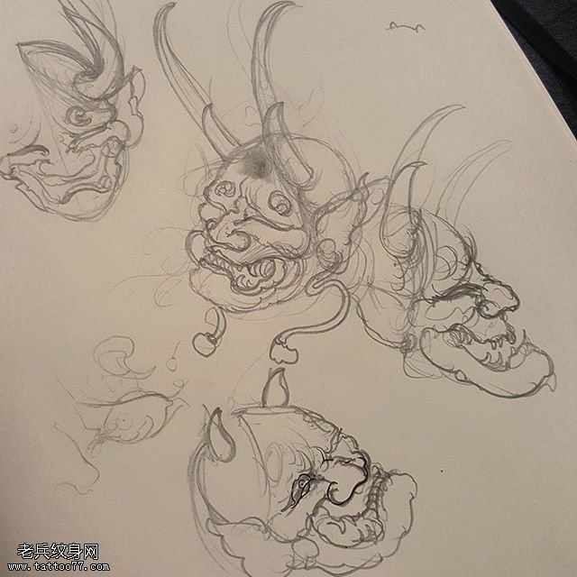 手稿素描般若面具纹身图案