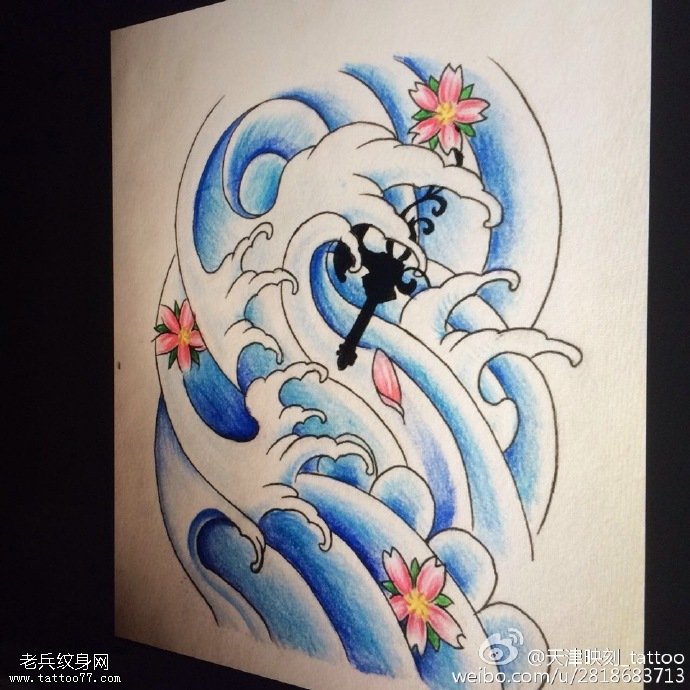 手稿蓝色的浪花纹身图案