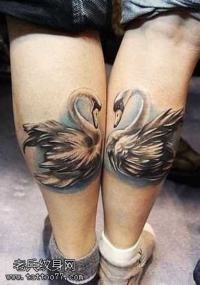 情侣腿上天鹅成对纹身图案