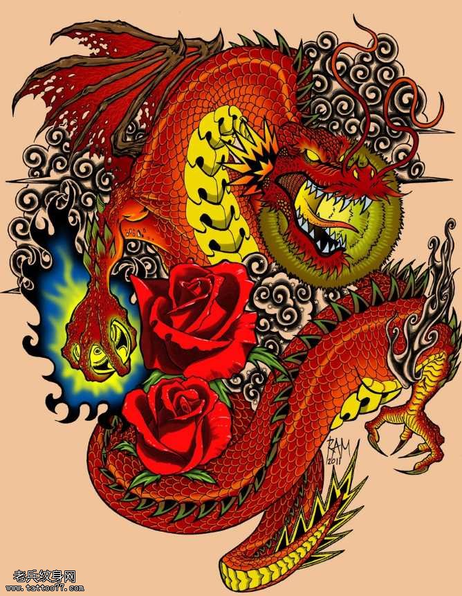 手稿经典帅气的龙纹身图案