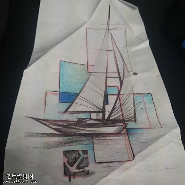 手稿立体线条帆船纹身图案