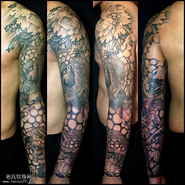 经典石狮子牡丹花臂纹身图案