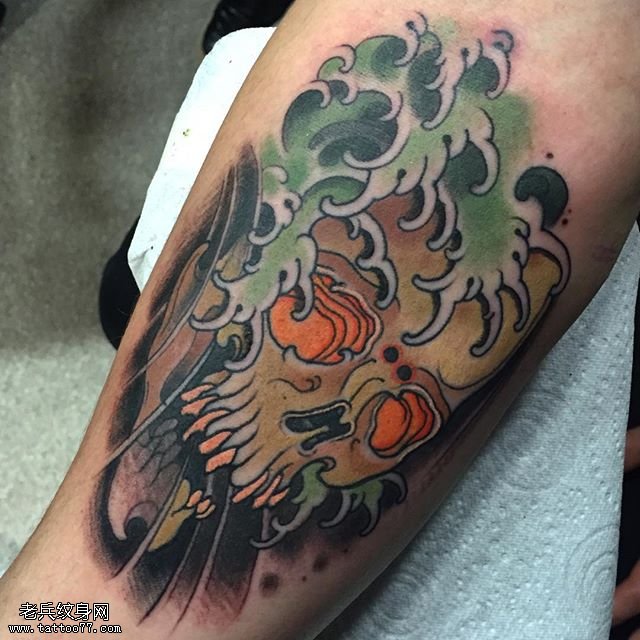 手臂的骷髅浪花纹身图案
