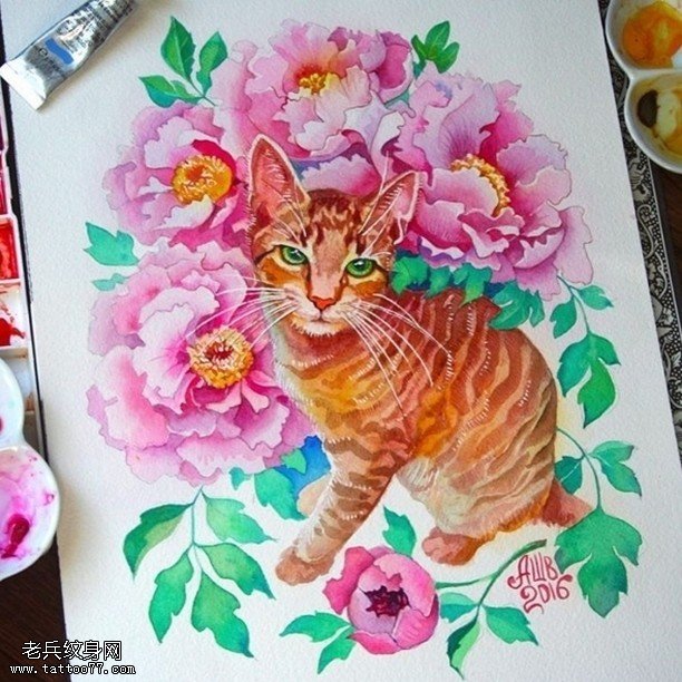 手稿清新的牡丹猫咪纹身图案