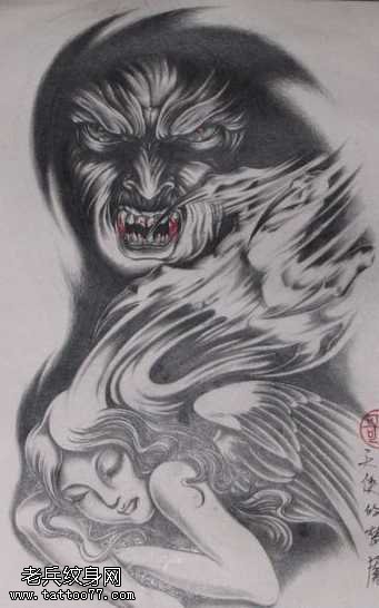 手稿天使和魔鬼纹身图案