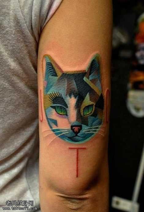 手臂彩色猫头像纹身图案
