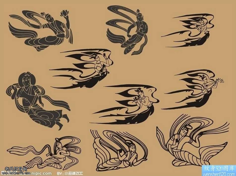 手稿一组图腾飞天纹身图案