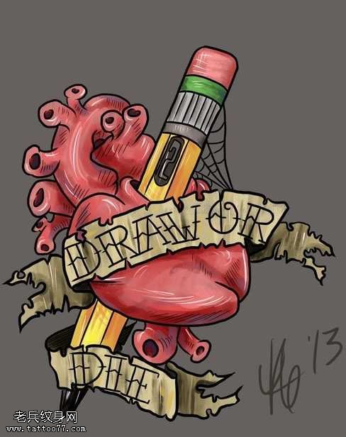 手稿铅笔插在心脏纹身图案
