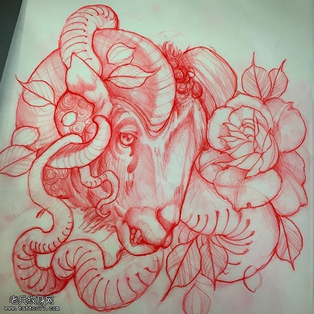 手稿线条白羊纹身图案