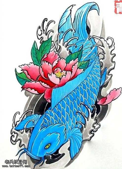 手稿蓝鲤鱼纹身图案