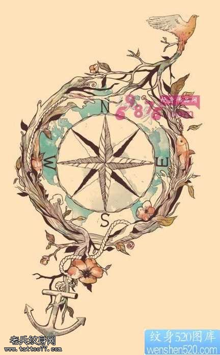 彩色指南针纹身图案