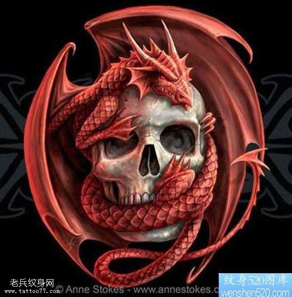手稿巨龙骷髅头纹身图案