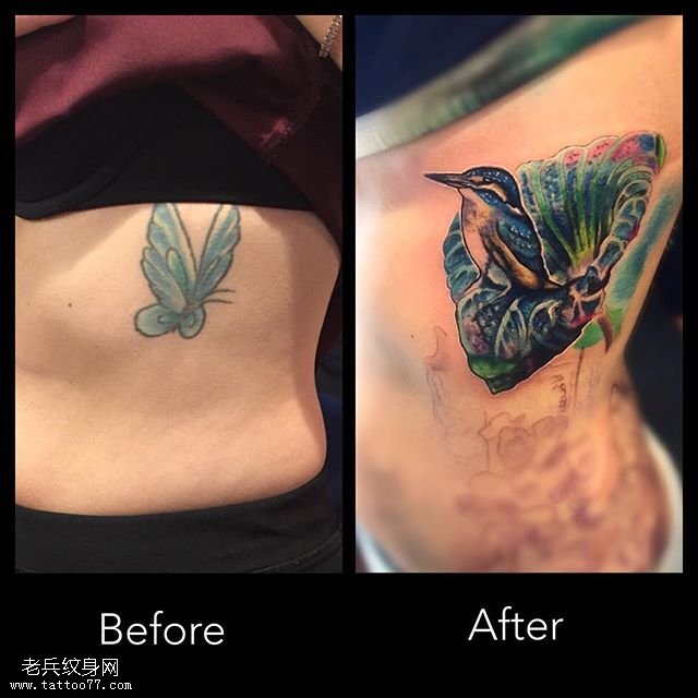 腰部遮盖旧纹身的鸟纹身图案
