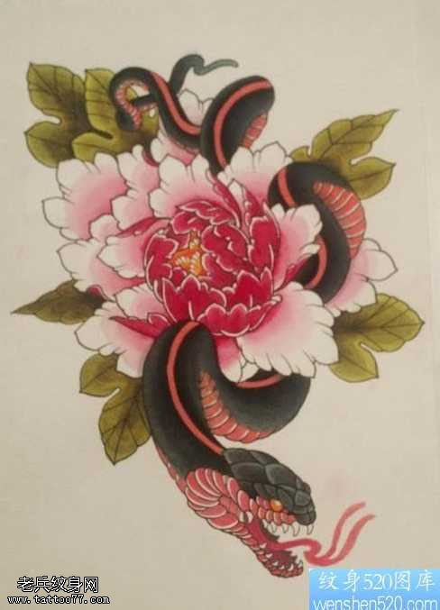 手稿牡丹花蛇纹身图案