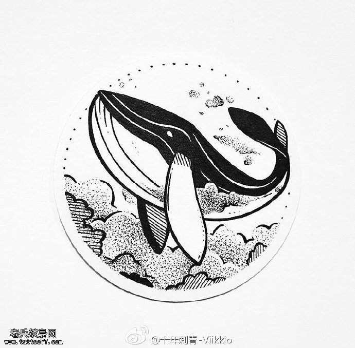 手稿点刺浪花鲨鱼纹身图案