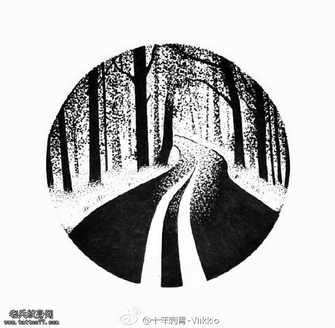 手稿点刺通往森林的小路纹身图案