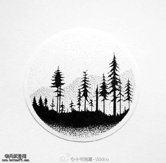 手稿点刺小松树纹身图案