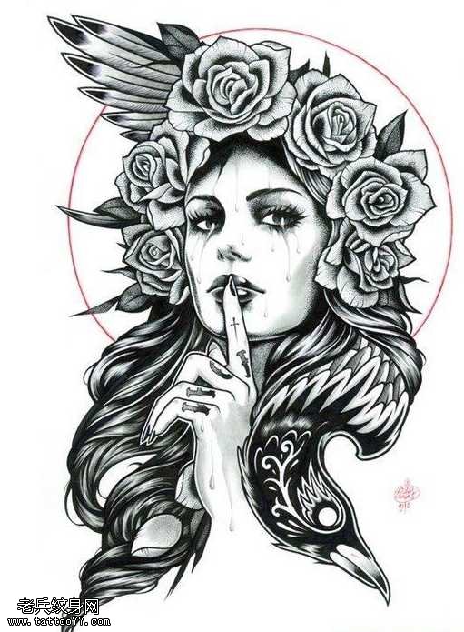 手稿女郎玫瑰花纹身图案
