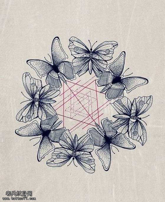 点刺手稿八只蝴蝶组成蝴蝶花纹身图案