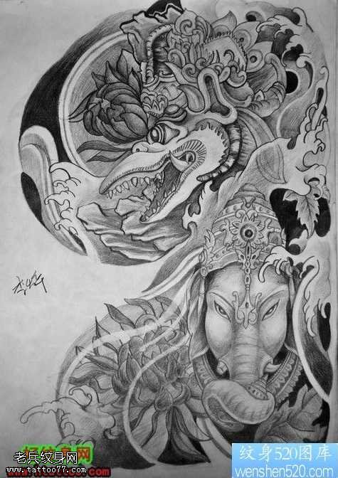 手稿半甲一款象神纹身图案
