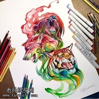 手稿水彩的动物纹身图案