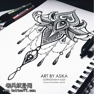 手稿经典莲花吊坠纹身图案