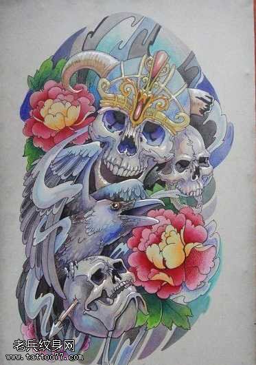 手稿骷髅头玫瑰花纹身图案