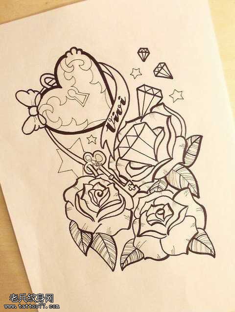 手稿玫瑰花钻石纹身图案