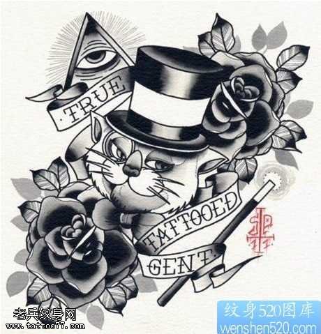 手稿猫玫瑰纹身图案
