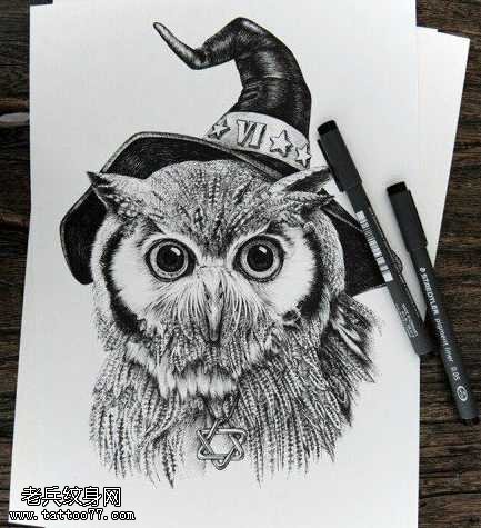 手稿萌神猫头鹰纹身图案