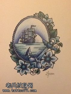 手稿镜子里美丽的帆船纹身图案