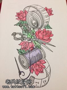 手稿花卉皮尺纹身图案