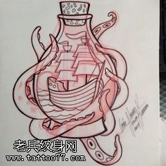 手稿线条章鱼瓶子纹身图案