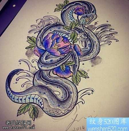 手稿蛇菊花纹身图案