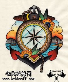 手稿彩绘指南针船锚纹身图案